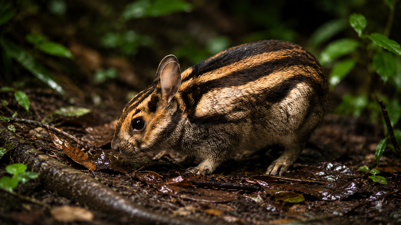 Sumatran striped rabbit in rainforest